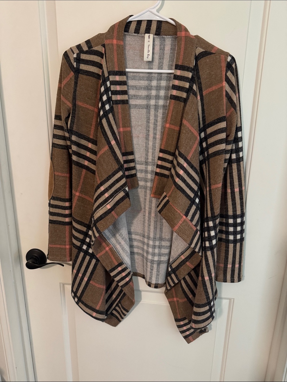 Vanilla Bay Plaid Open-Front Cardigan in Brown with Pink Accents